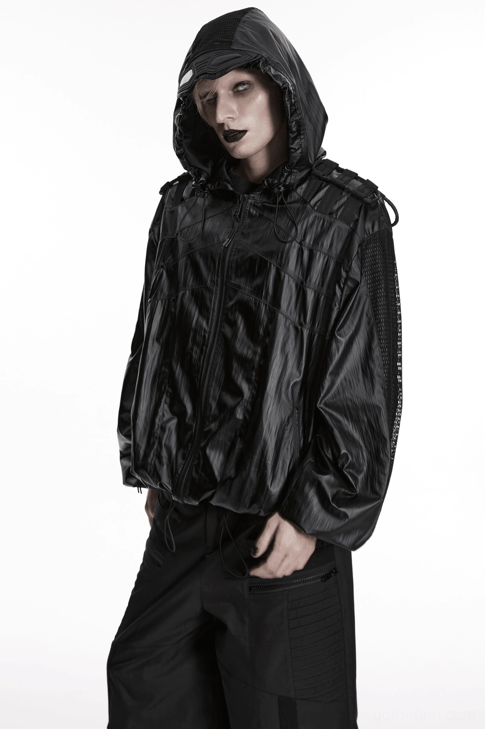 Black cyberpunk tactical jacket drawstring and hem detail with adjustable fit