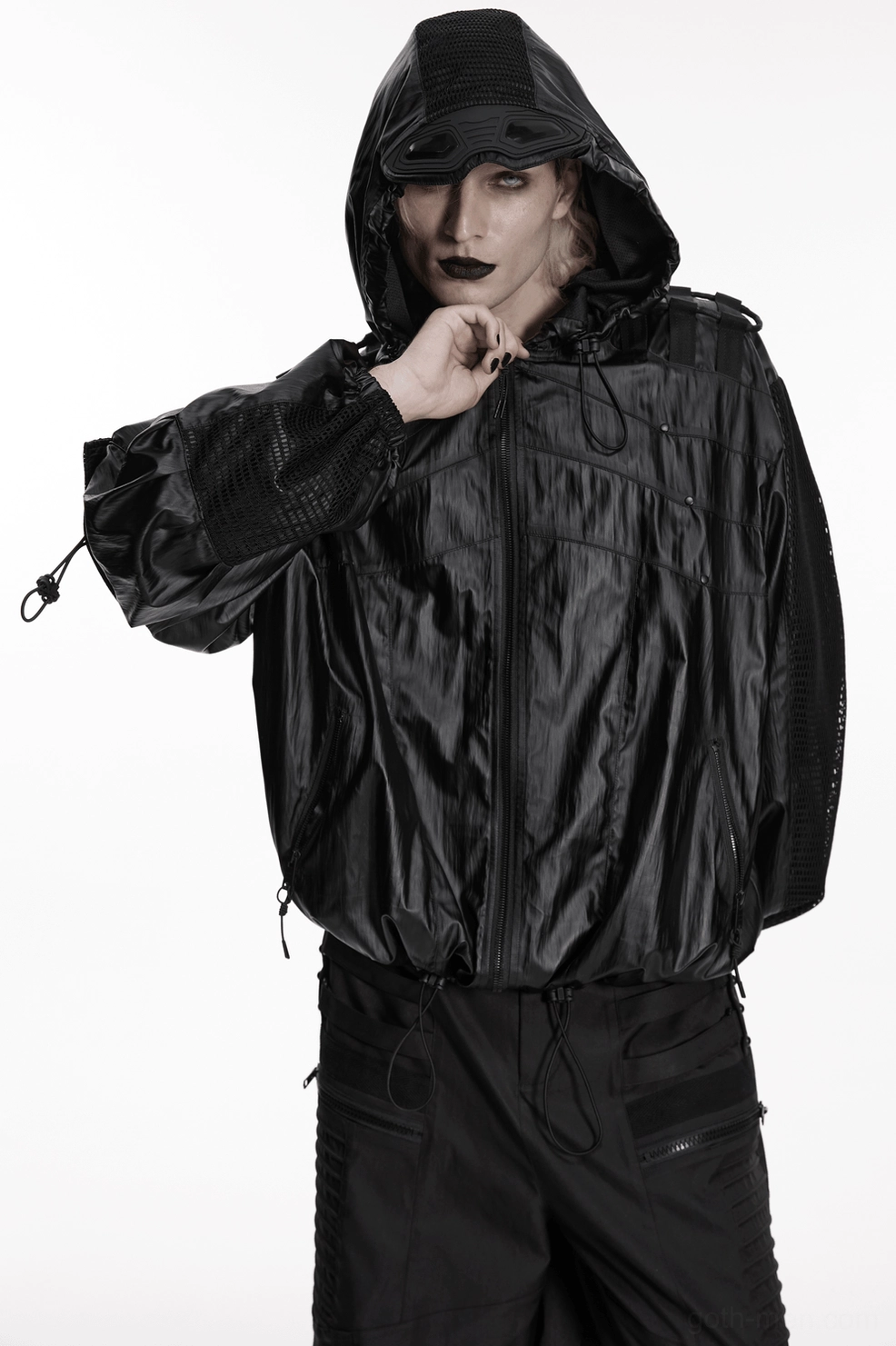 Cyberpunk mesh jacket fabric texture and waterproof woven exterior close-up