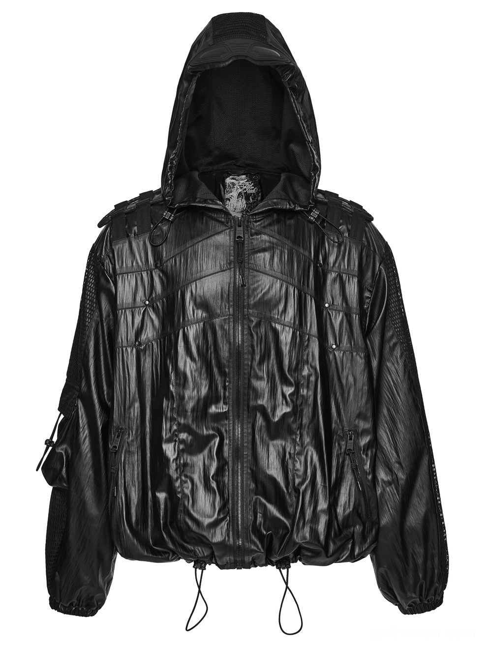 Black cyberpunk jacket front detail with skull emblem inside hood and drawstring hem