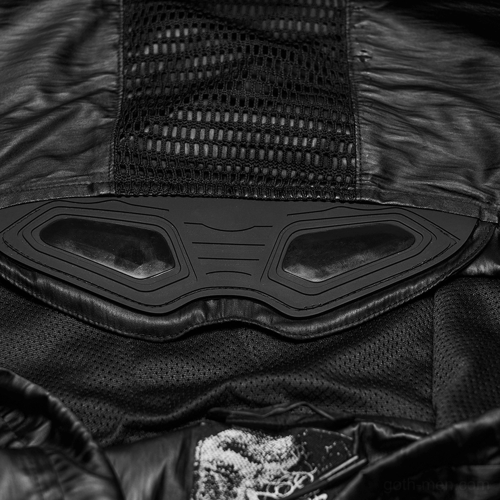 Interior view of black cyberpunk jacket lining with embroidered skull logo and mesh fabric