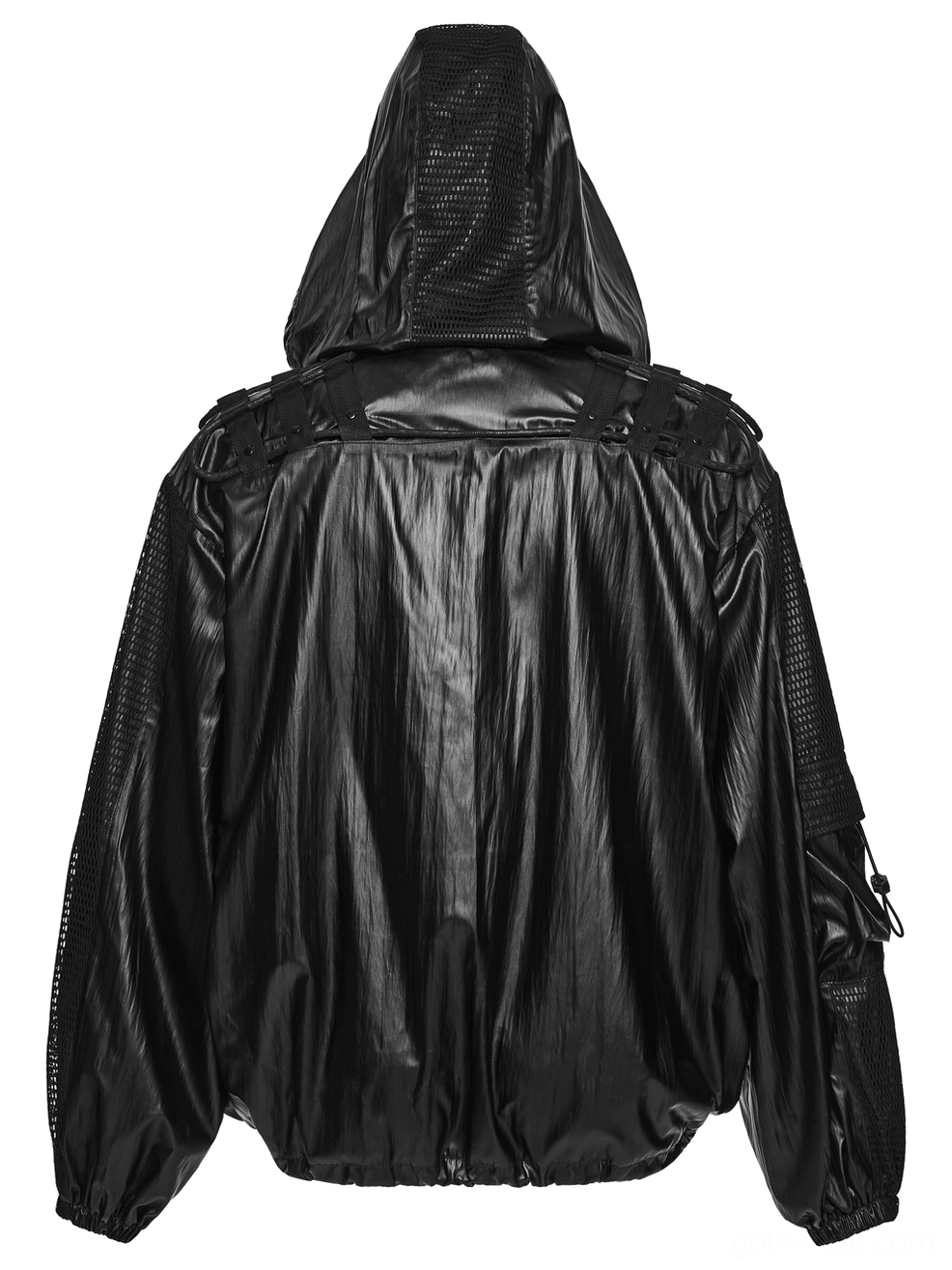 Rear view black cyberpunk jacket showing wrinkled glossy fabric and tactical webbing
