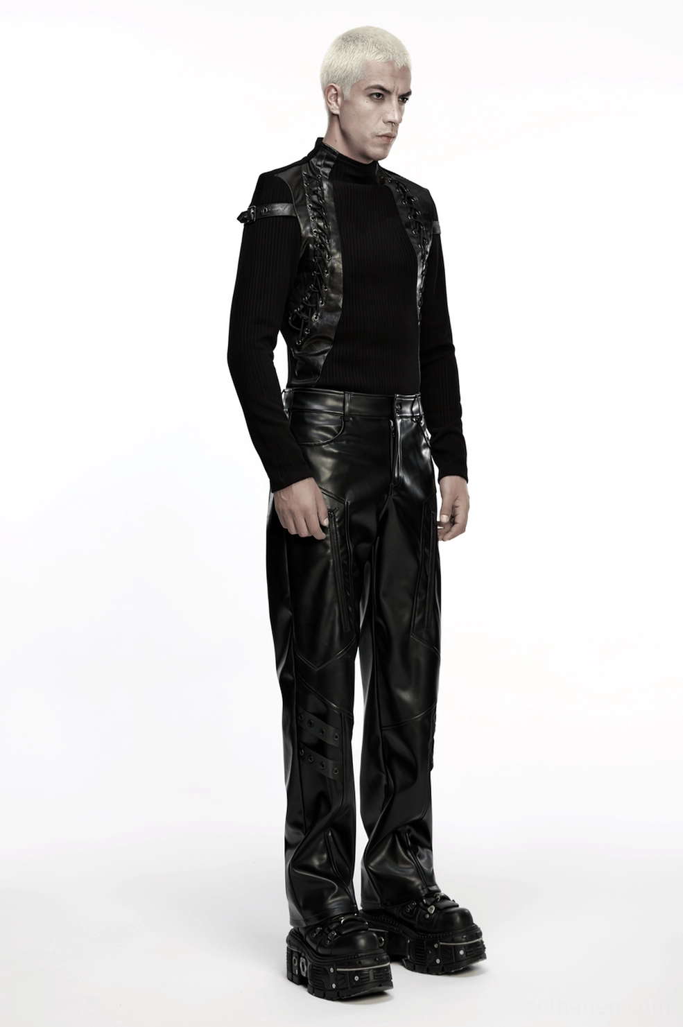 Cyberpunk leather pants quality material and craftsmanship close-up examination