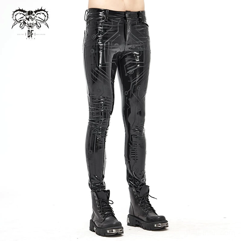 Black PU leather skinny pants showing thigh and leg taper construction detail