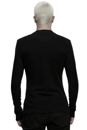 Slim-fit black cyberpunk long sleeve top rear view on male model, back perspective
