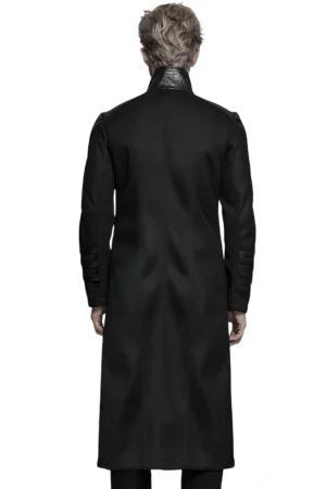 Black cyberpunk long coat back view showing segmented design and tailored fit