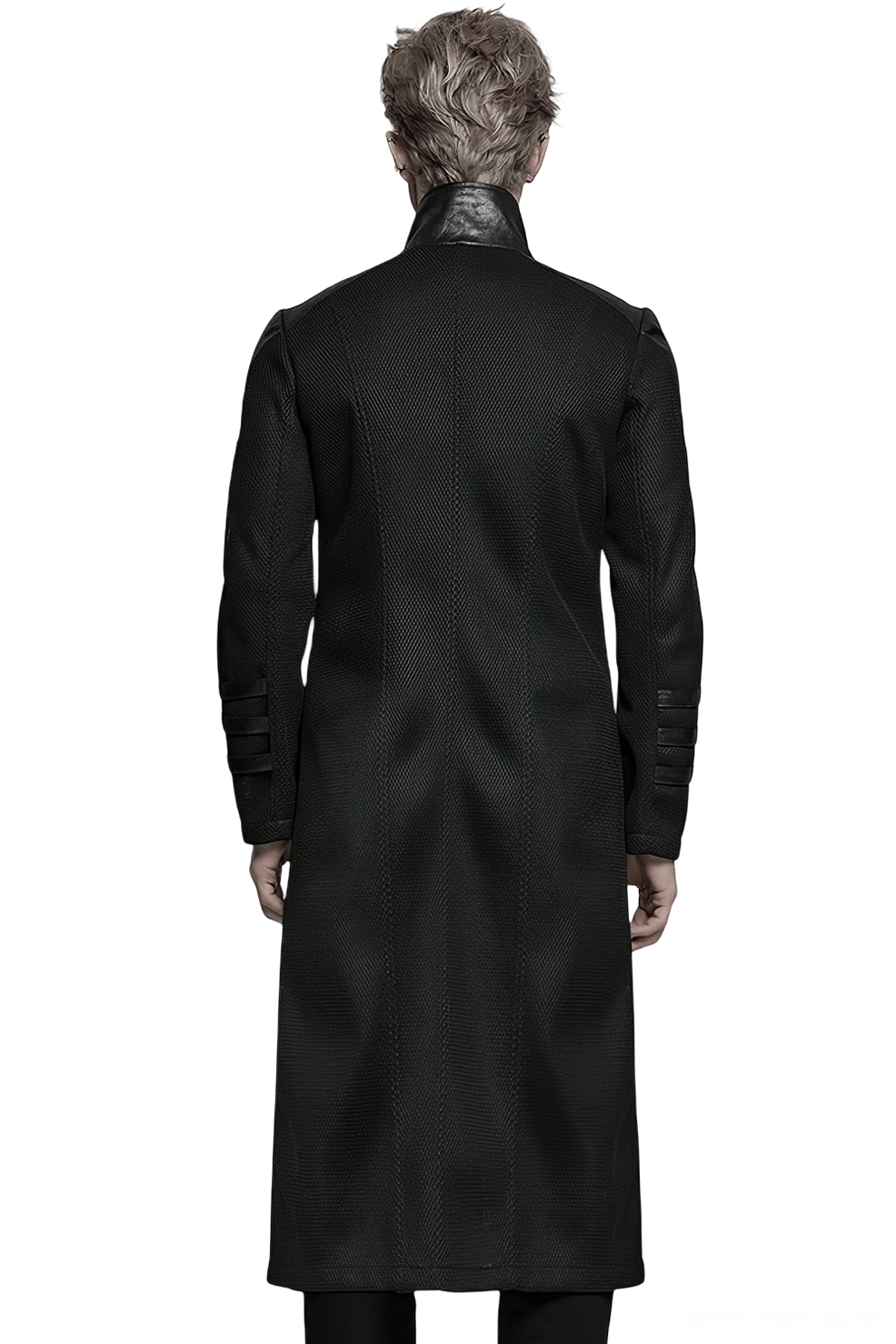 Black cyberpunk long coat back view showing segmented design and tailored fit