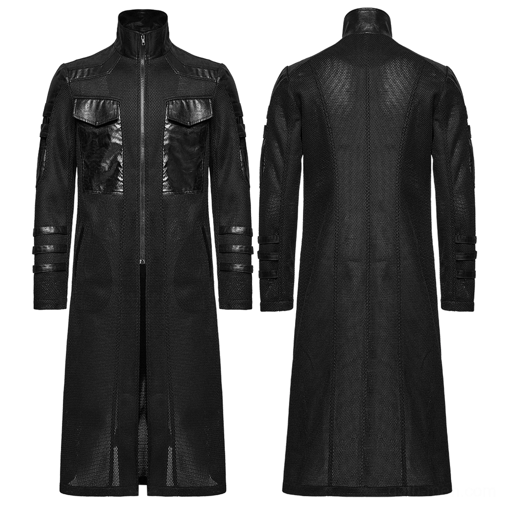 Black cyberpunk mesh coat front and rear flat lay display showing full silhouette and decorative straps
