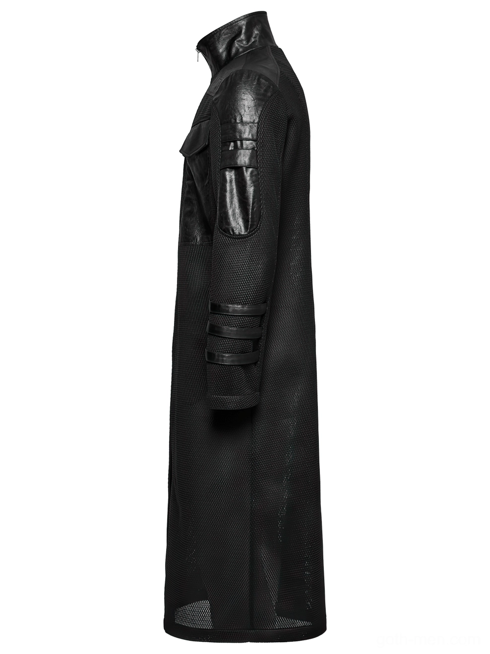 Black cyberpunk mesh long coat side view showing slim silhouette and sleeve strap details