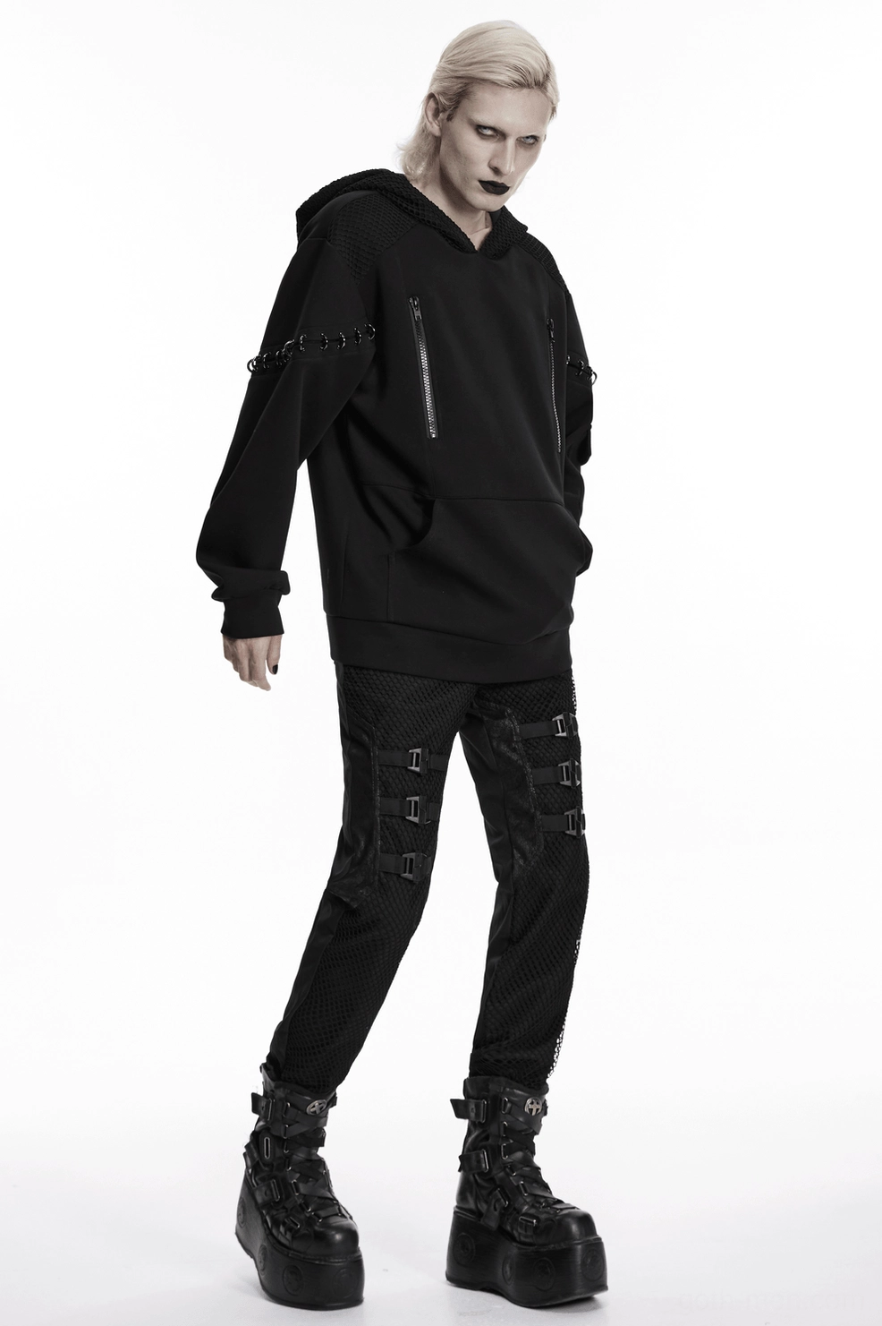Black cyberpunk mesh hoodie full product showcase with metal hardware and futuristic aesthetic