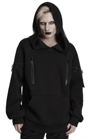 Black cyberpunk hoodie with dual mesh hood and metal D-ring sleeve accents front three-quarter view on male model