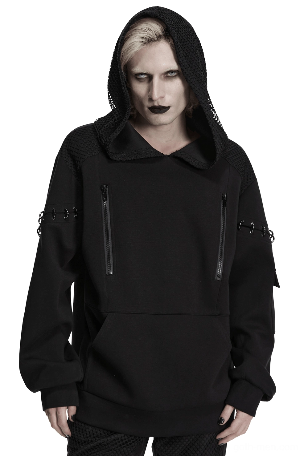 Black cyberpunk hoodie with dual mesh hood and metal D-ring sleeve accents front three-quarter view on male model