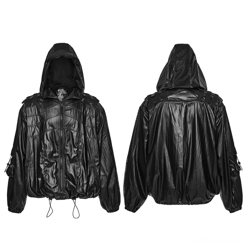 Front and rear side-by-side comparison of black cyberpunk hooded waterproof jacket fit