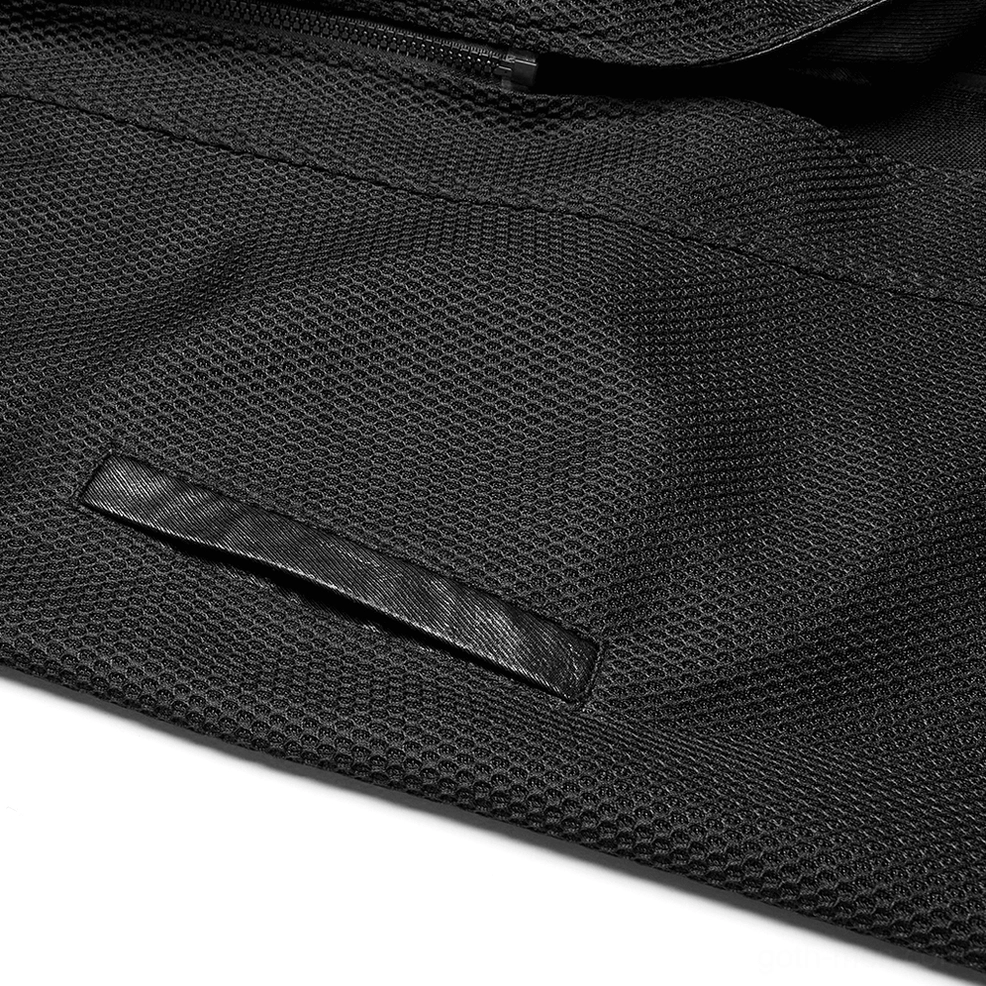 Black cyberpunk mesh and leather tactical coat full front view hanging flat lay presentation