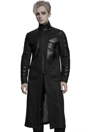 Black cyberpunk mesh and leather tactical coat full front view worn by male model in studio setting
