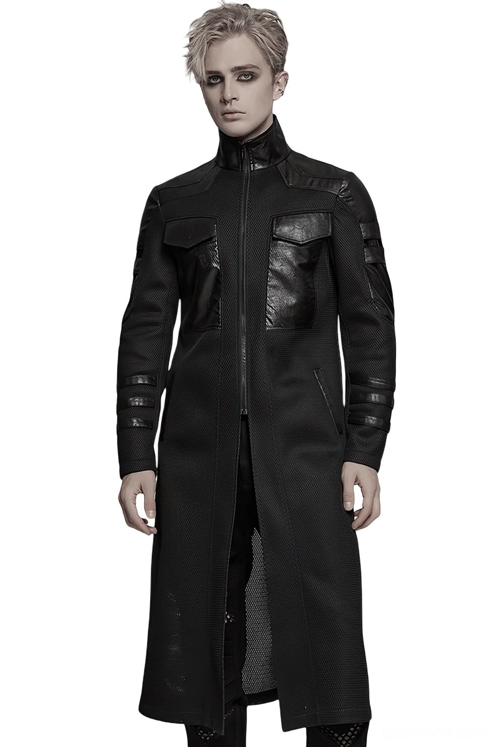 Black cyberpunk mesh and leather tactical coat full front view worn by male model in studio setting