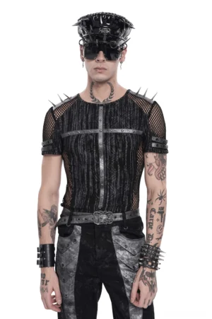 Black cyberpunk mesh t-shirt front view with studded cross harness and spiked shoulders on male model