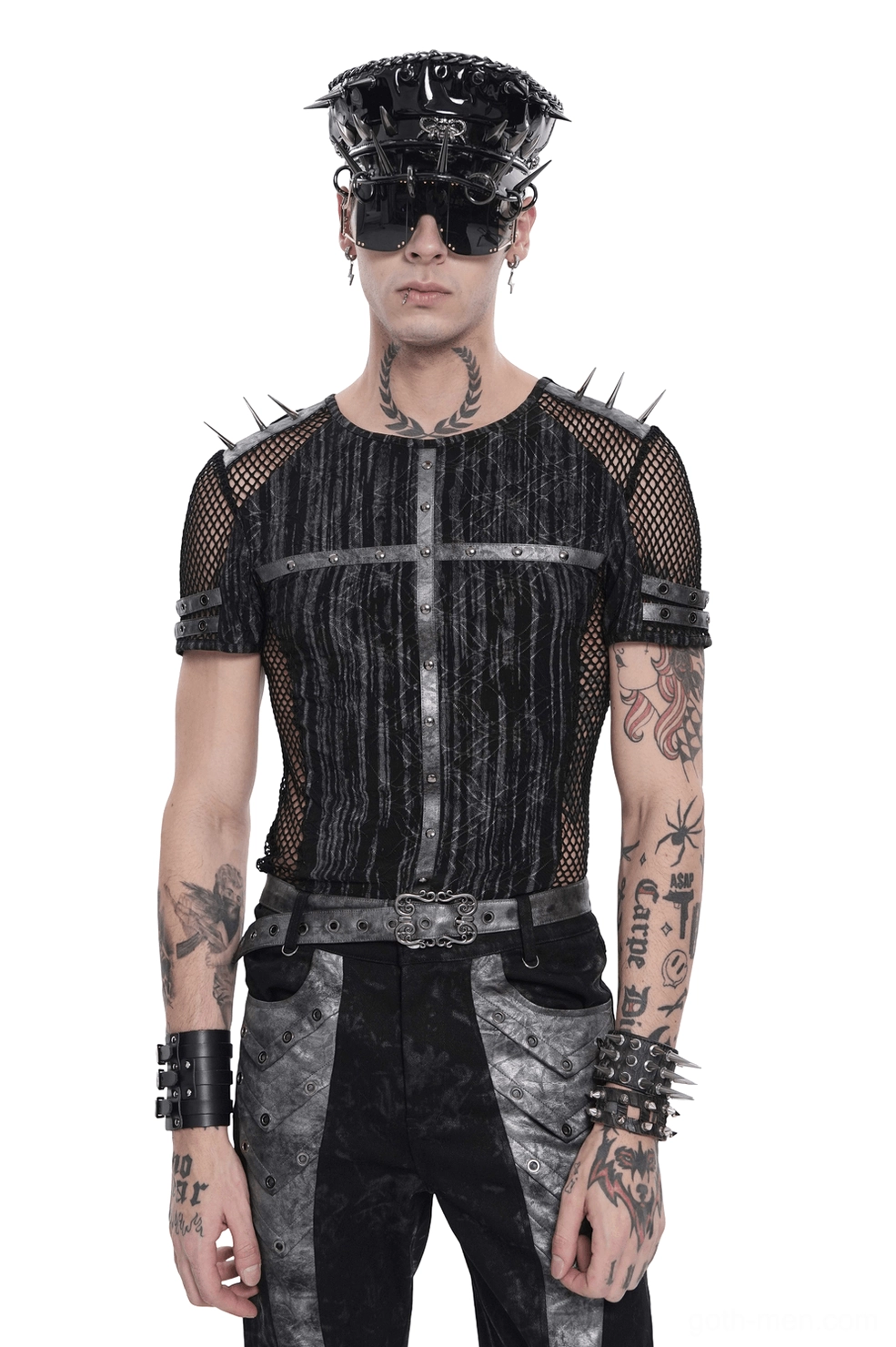 Black cyberpunk mesh t-shirt front view with studded cross harness and spiked shoulders on male model