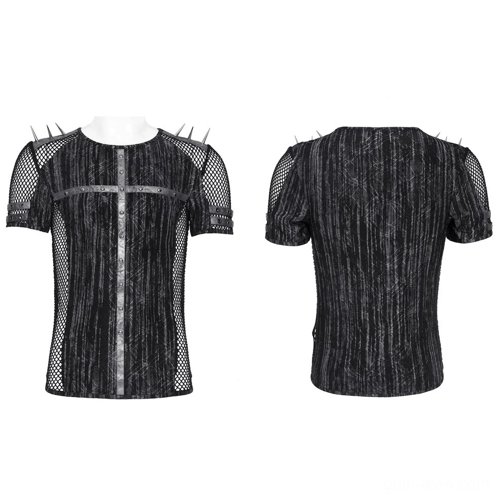 Cyber goth studded cross t-shirt mannequin display with mesh panels and leather straps