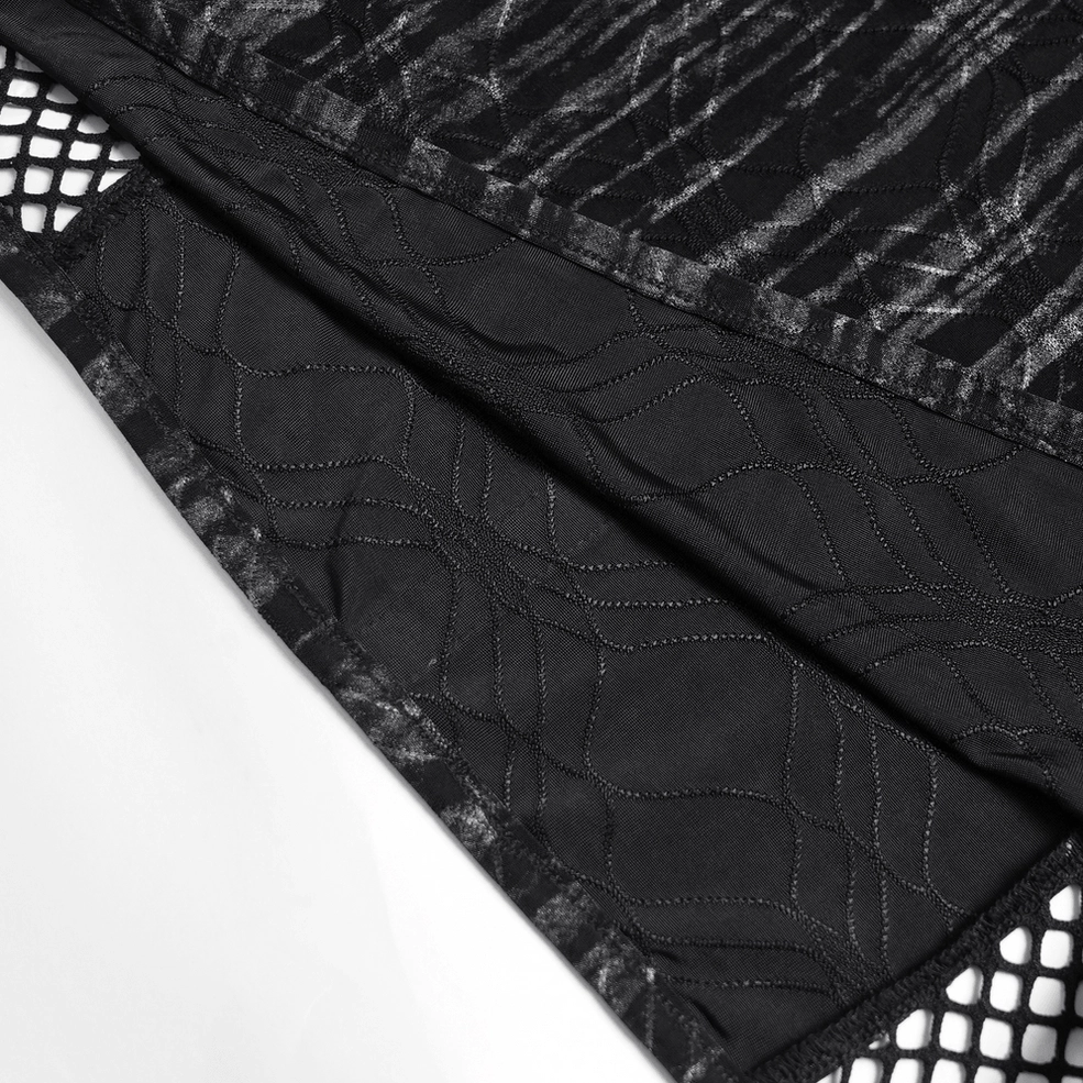 Cyberpunk mesh t-shirt showing shoulder spike and fishnet sleeve detail