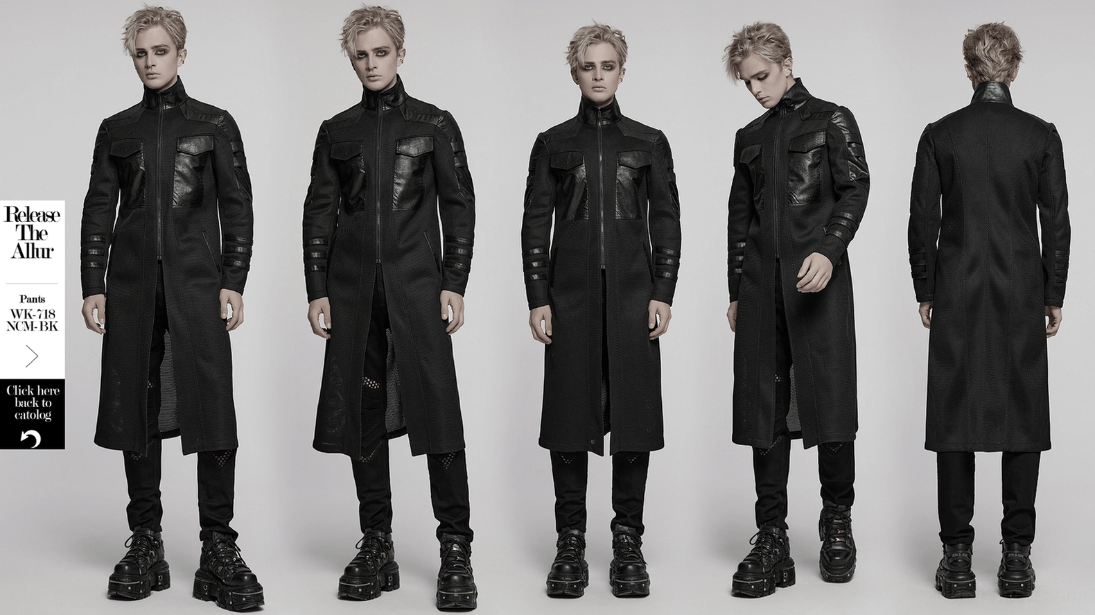 Black cyberpunk mesh and twill tactical coat complete front presentation with modular strap design