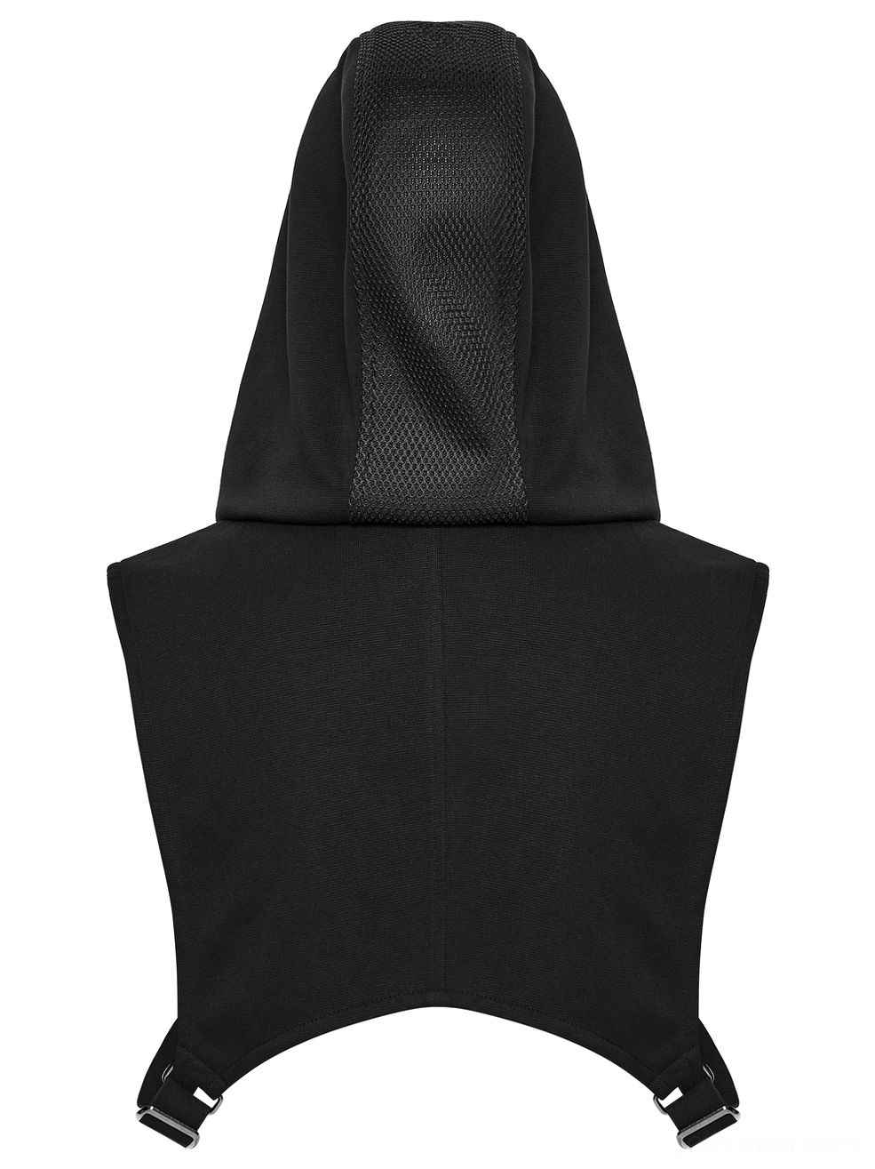 Cyberpunk hooded mesh vest back flat lay - solid woven fabric and side adjuster straps