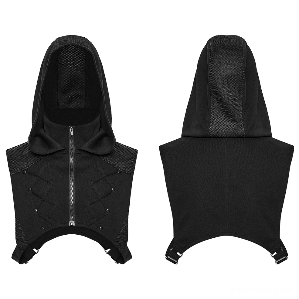 Cyberpunk hooded mesh vest flat lay front and back - black segmented panels and adjustable straps