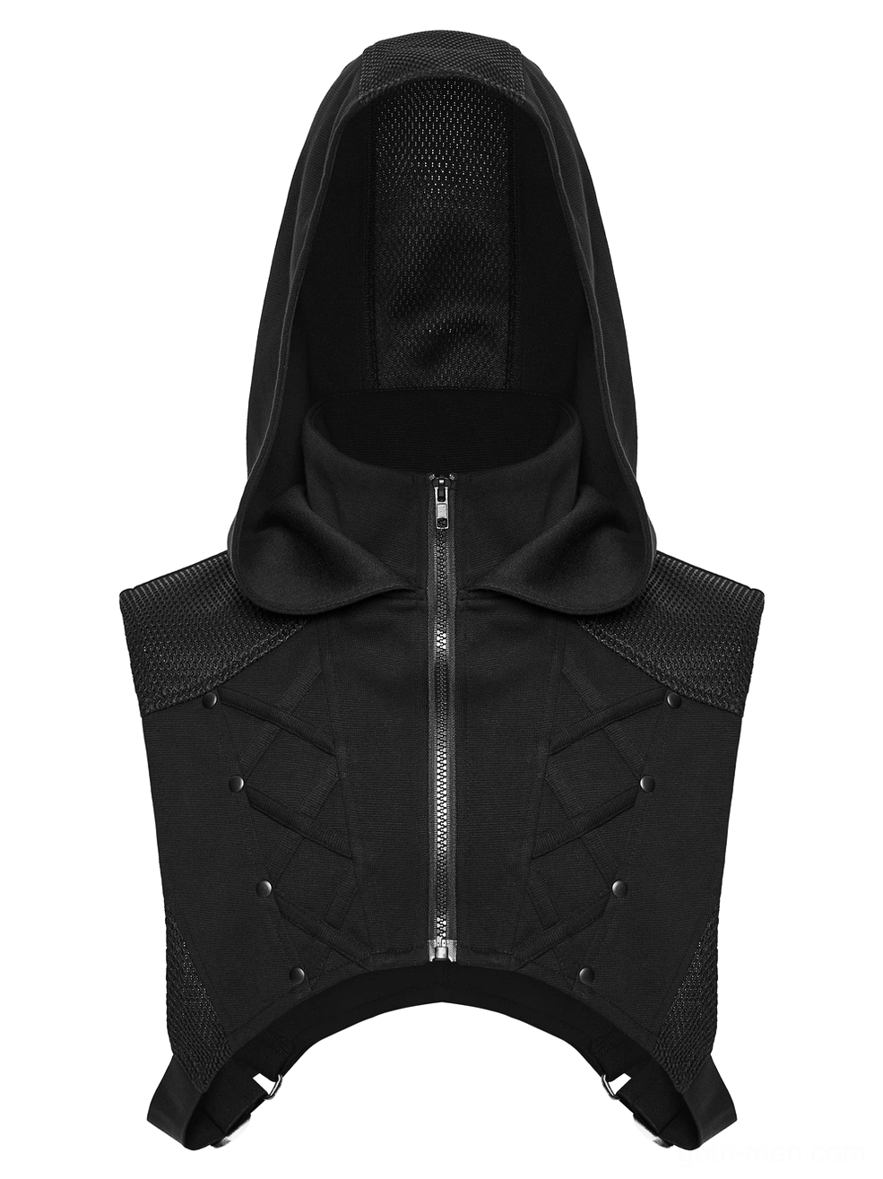 Cyberpunk hooded mesh vest front flat lay detail - metal zipper and lace-up rivet panels