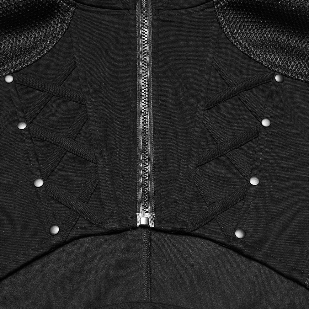 Cyberpunk hooded mesh vest front close-up - corset-style lace panels and metallic hardware