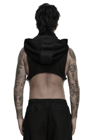Black cyberpunk hooded mesh vest back view - cropped fit and mesh panel construction