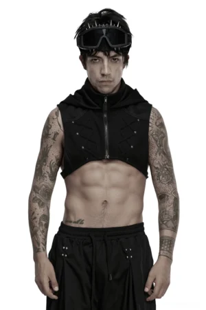 Black cyberpunk hooded mesh vest front view worn by model - segmented panels and stand-up collar detail