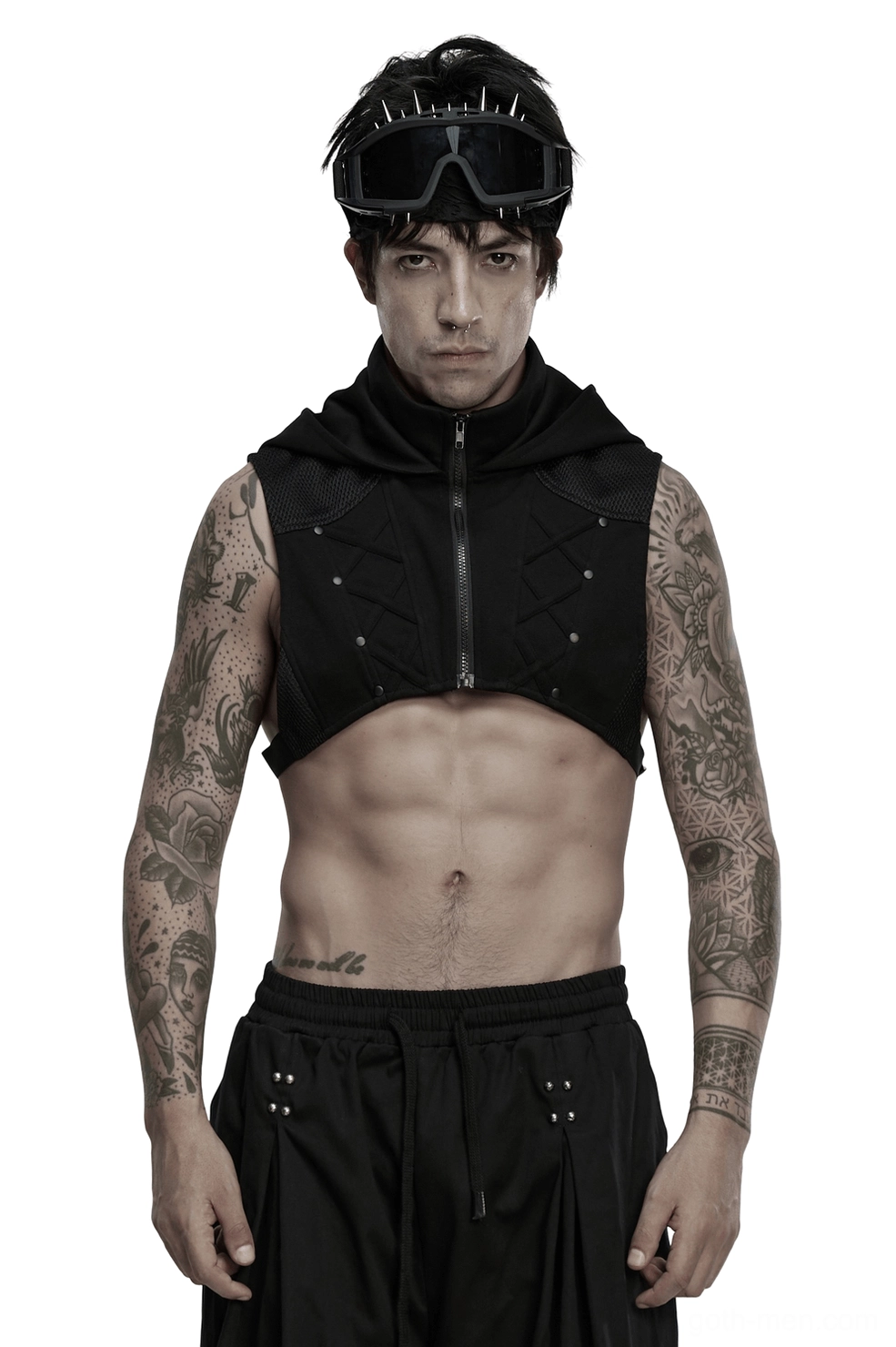 Black cyberpunk hooded mesh vest front view worn by model - segmented panels and stand-up collar detail