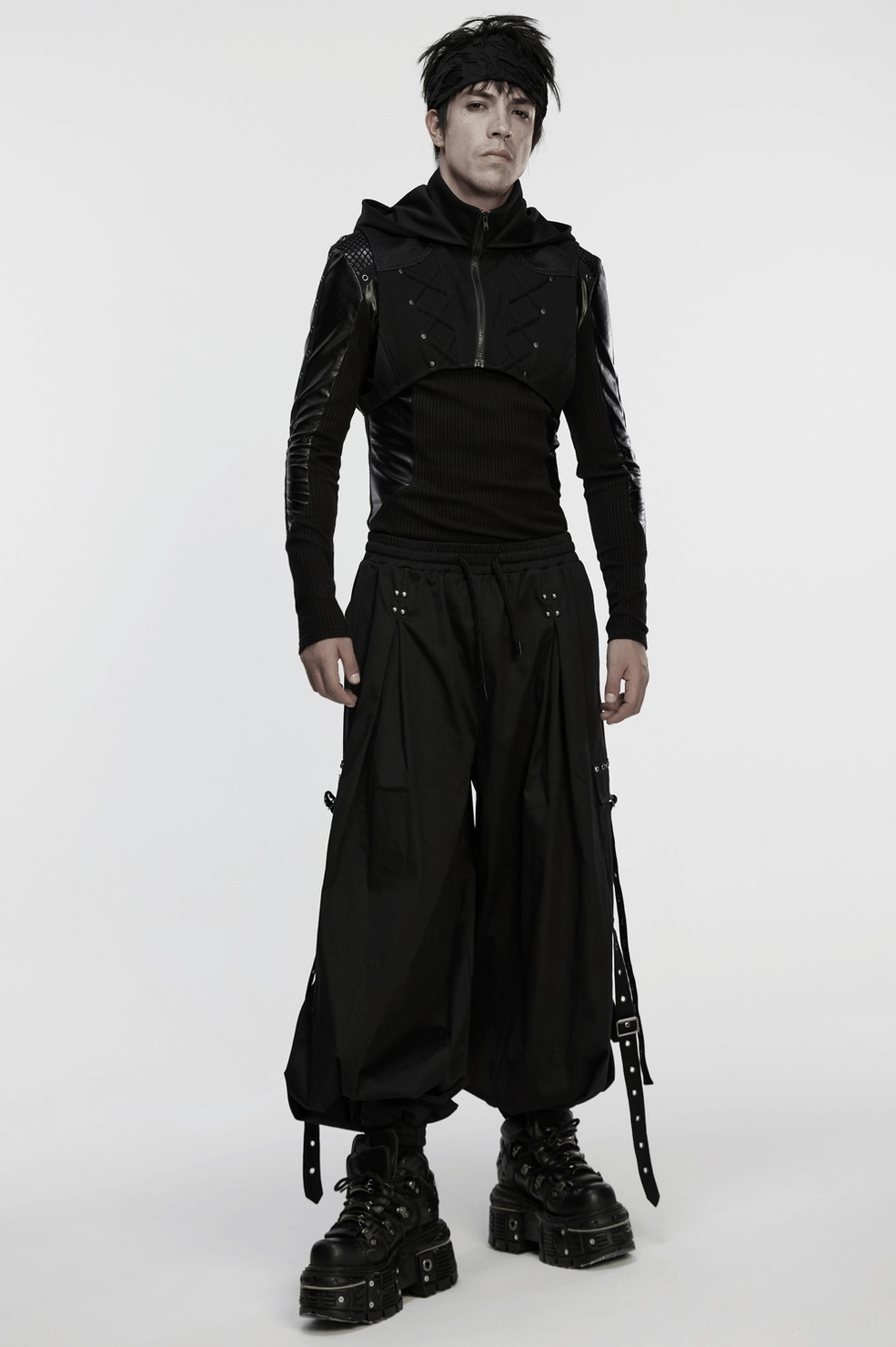Cyberpunk hooded mesh vest styling - model wearing vest demonstrating fitted profile
