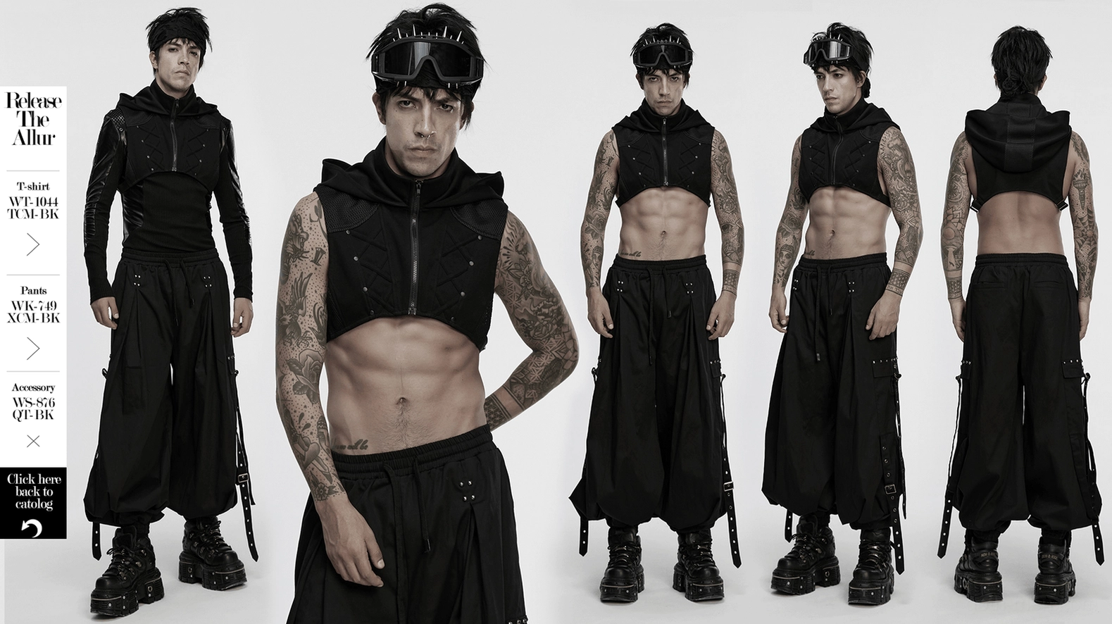 Cyberpunk hooded mesh vest details - close-up of segmented panels and webbing straps