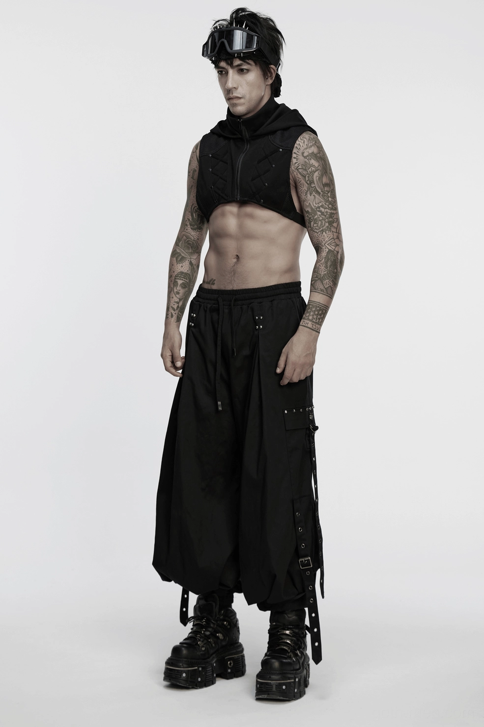 Cyberpunk hooded mesh vest side angle - dimensional panel layering and structure
