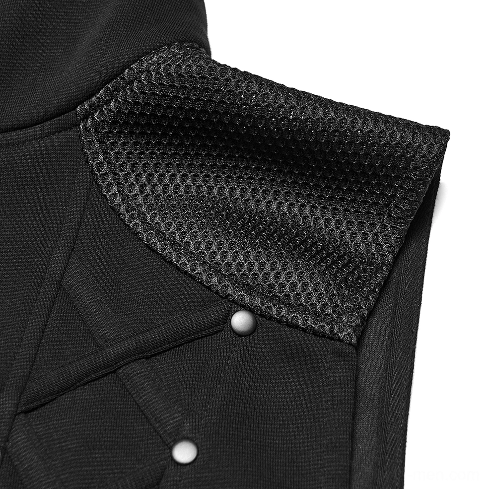 Cyberpunk hooded mesh vest close-up - mixed mesh and fabric panels with metal rivets