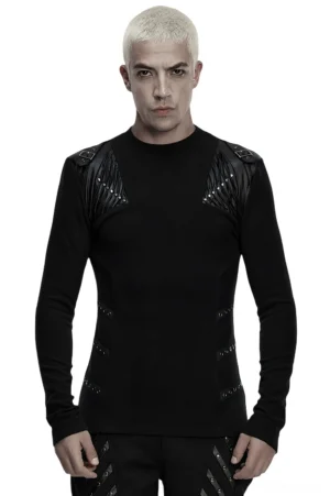 Black cyberpunk mock neck long sleeve top with textured shoulder panels and metal straps, front view on male model