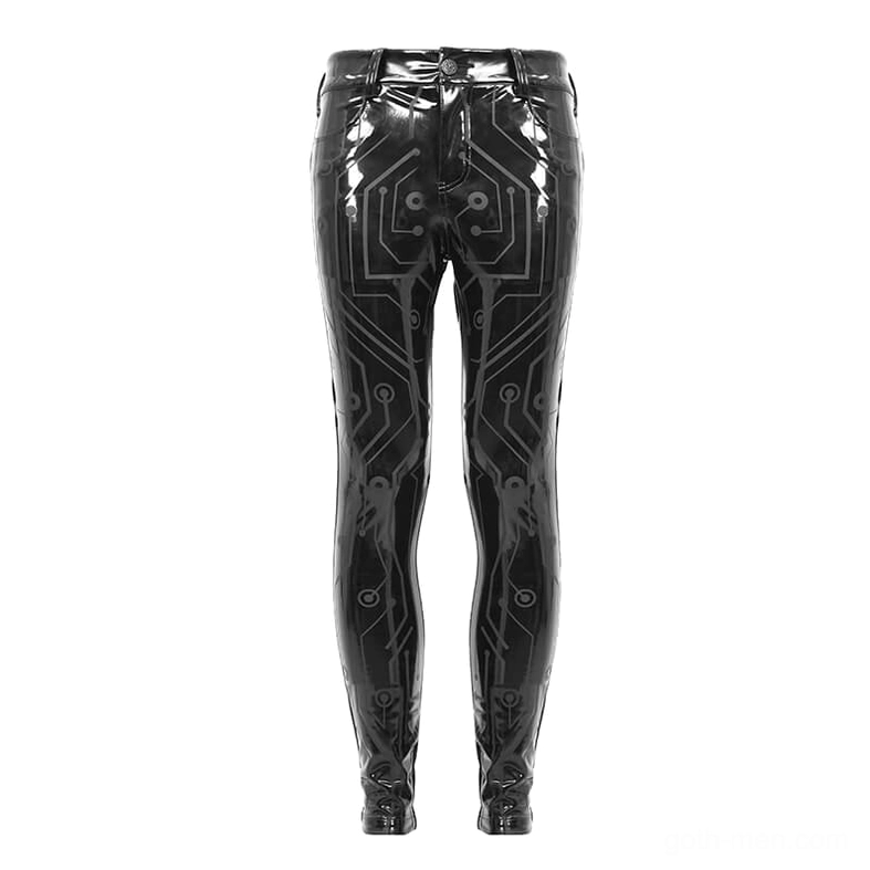 Black shiny PU leather pants with circuit pattern print and jean-style back pockets product shot