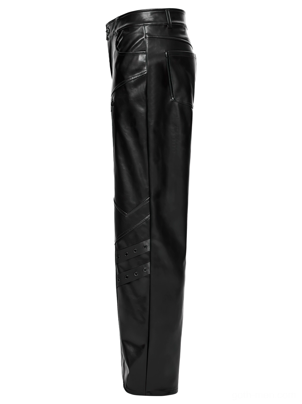Black cyberpunk pants side view flat lay straight leg buckle strap details