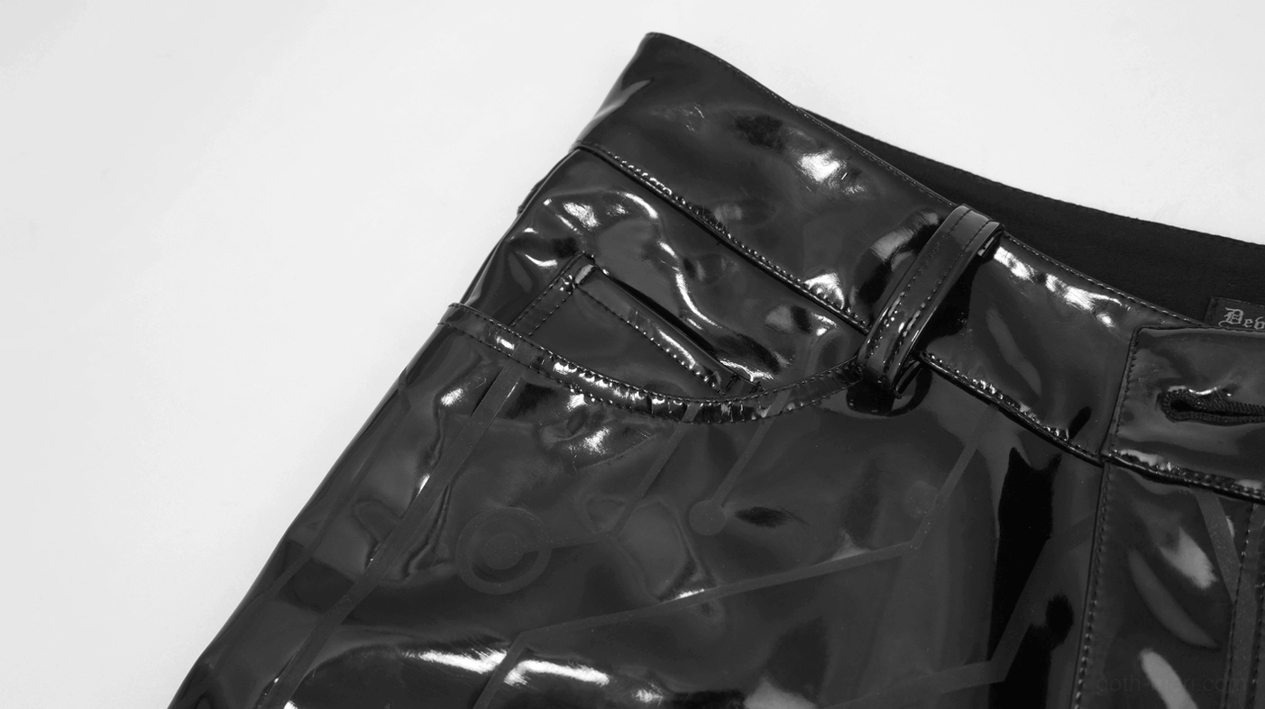 Close-up of black PU leather pants waist and pocket detail with metal button and stitching