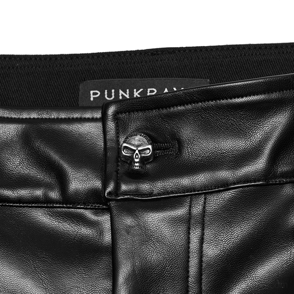 Close-up of waistband skull button detail and reinforced stitching craftsmanship