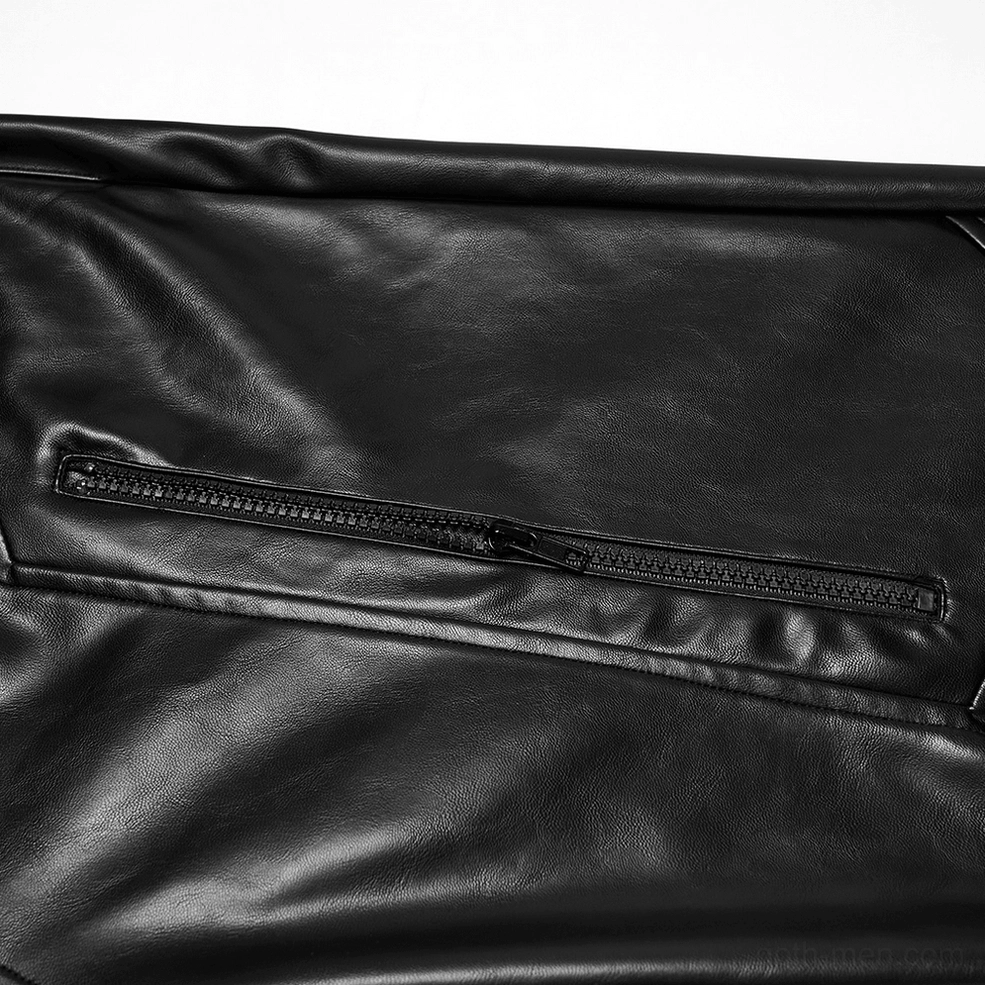 Close-up detail of side zipper hardware and glossy faux leather texture