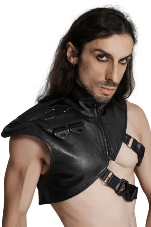 Black cyberpunk shoulder armor with stand-up collar and adjustable buckles, front close-up worn by male model