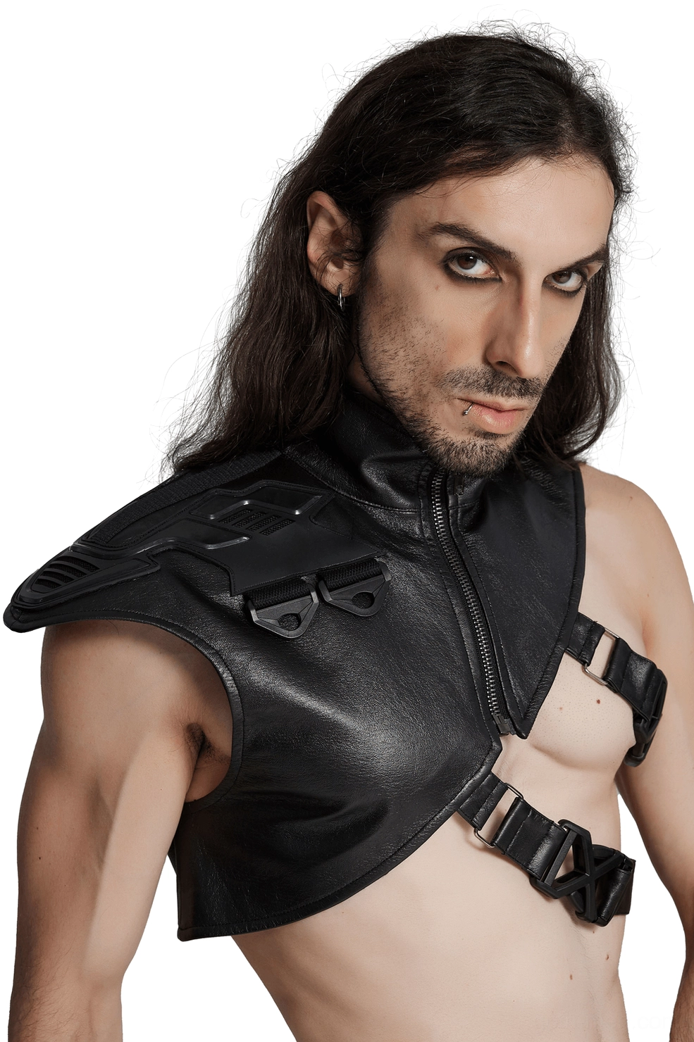Black cyberpunk shoulder armor with stand-up collar and adjustable buckles, front close-up worn by male model