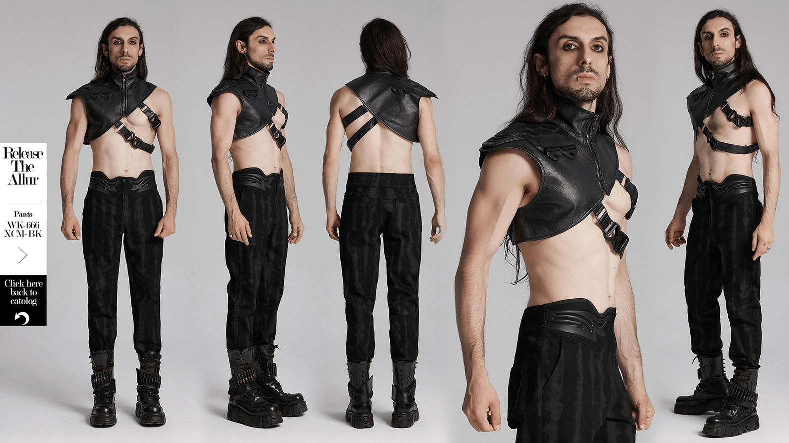 Main product shot of black cyberpunk shoulder armor with stand-up collar, dual adjustable buckles, and concave-convex shoulder patches