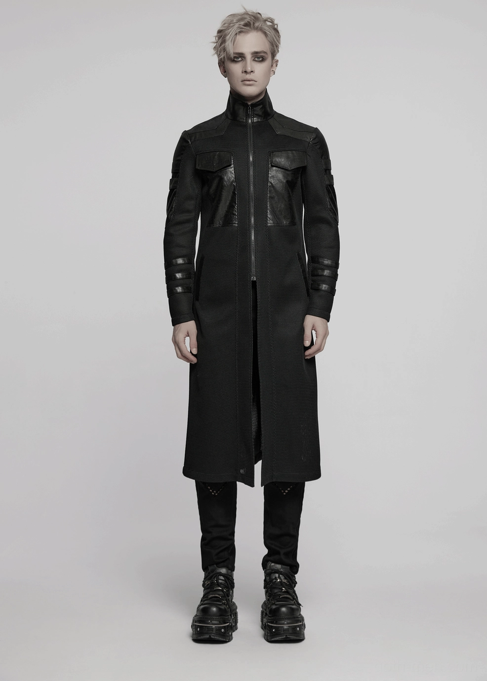 Black cyberpunk tactical coat detail view showcasing decorative strap system and fabric textures