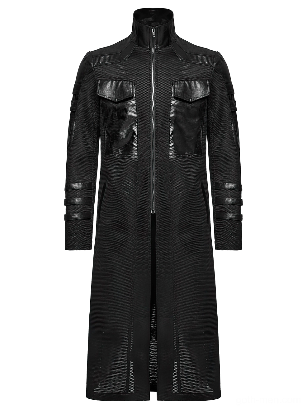 Black cyberpunk tactical coat front flat lay showing dual leather chest pockets and stand collar details