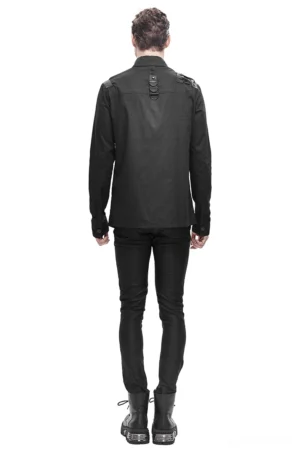 Black gothic tactical shirt back view showing rear harness buckle system and styling with combat boots