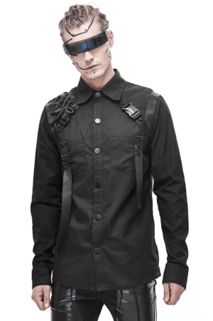 Men's black cyberpunk tactical harness shirt front view on male model with techwear styling