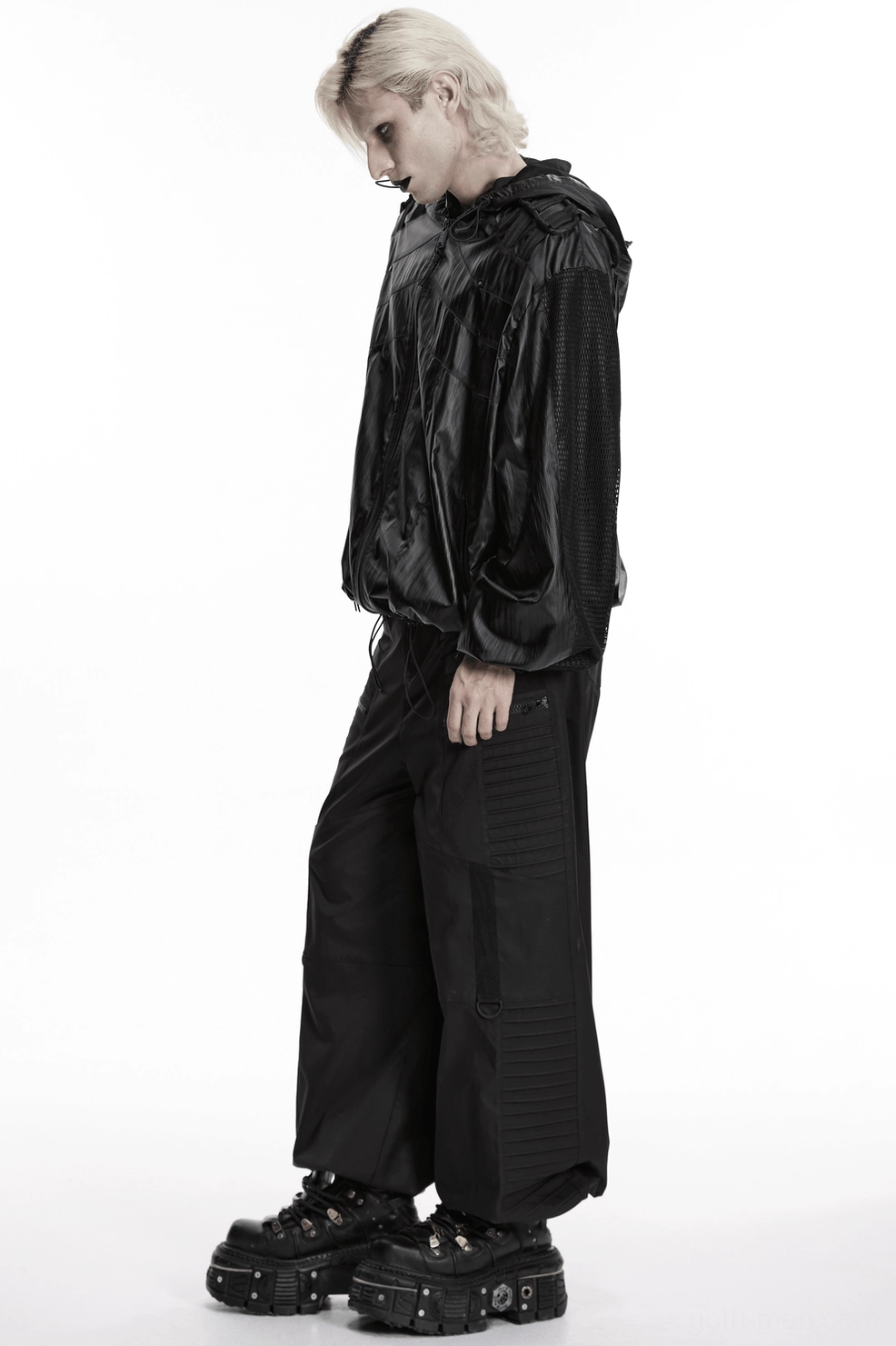 Cyberpunk hooded tactical jacket fit and oversized silhouette demonstration