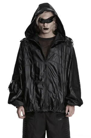 Black cyberpunk hooded waterproof mesh jacket front view worn by male model with futuristic sunglasses